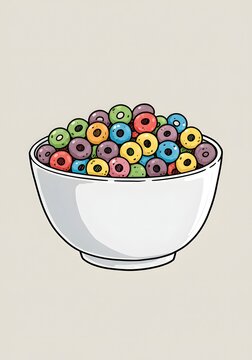 Bowl of Colorful Cereal Rings Cartoon Illustration