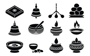 Vector art of set of traditional hindu puja elements collection of indian religious symbols like diya, bell, sweets, and other auspicious items for worship