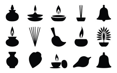 Vector art of collection of traditional indian religious symbols, featuring diyas, incense, bells, and plants, representing spirituality and culture