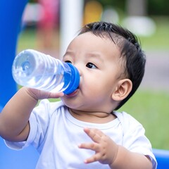 Adorable baby boy drinks water outdoors
