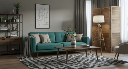 Modern Living Room Interior with Teal Sofa and Stylish Decor
