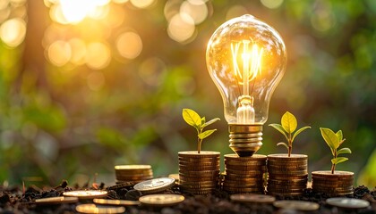 Stacks of coins graph with growing plants and a light bulb, Generated with AI.