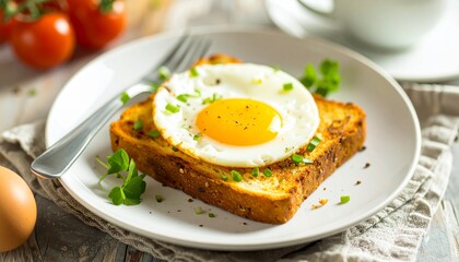 Savory breakfast toast with fried egg,served on a white plate, ready for a delicious breakfast, Generated with AI.