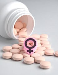 Pill bottle with pink feminine symbol
