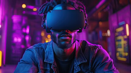 Immersive virtual reality experience with modern technology in futuristic environment