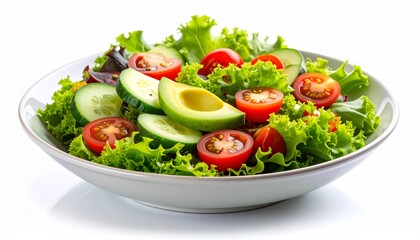 Fresh vegetable salad with avocado, cherry tomatoes, and cucumber in a white bowl, isolated on a white background.
