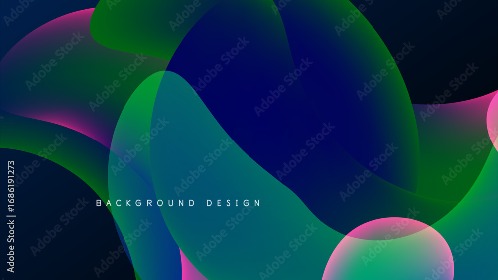 Poster abstract fluid shapes overlap, creating vibrant color gradients. dark background emphasizes bright h