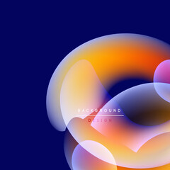 Abstract colorful shapes overlap, creating vibrant gradients. Blue background contrasts warm orange, yellow hues. Modern design element.