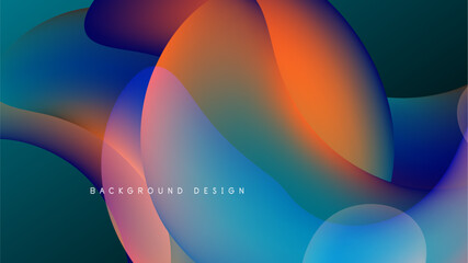 Abstract fluid shapes blend, creating vibrant color gradients. Dynamic composition with smooth transitions, modern design elements.
