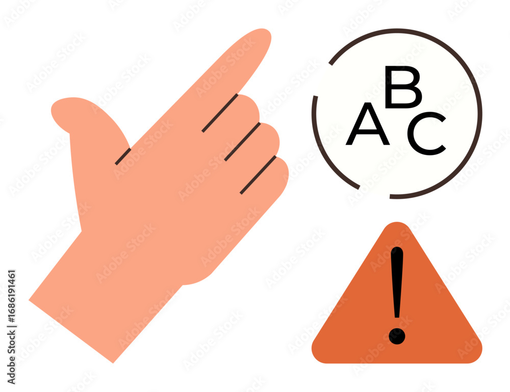 Poster hand pointing toward letters a, b, c in circular arrangement above warning triangle. ideal for decis