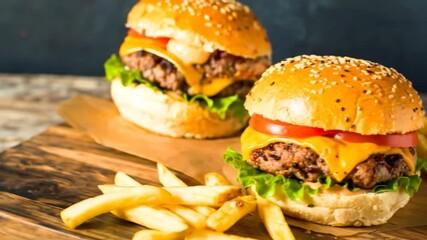 Two juicy burgers and fries sit on a wooden board, invitingly close - Powered by Adobe
