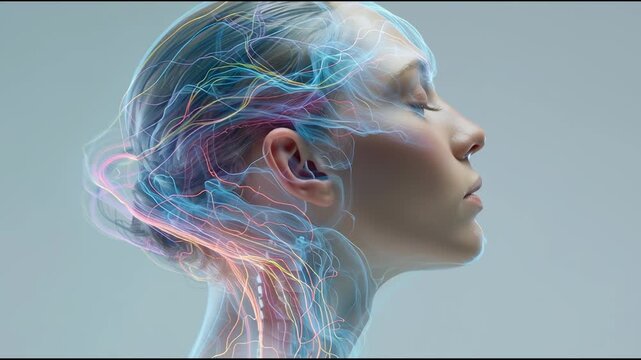 Young woman profile and serene female portrait merging illuminated neural network pathways through head and neck with flowing synaptic light conveying brain signal processing, calm introspection