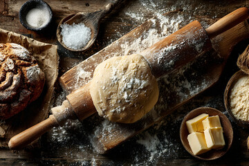 Overhead view of bread dough, rolling pin, flour, butter, and salt on a wooden surface.