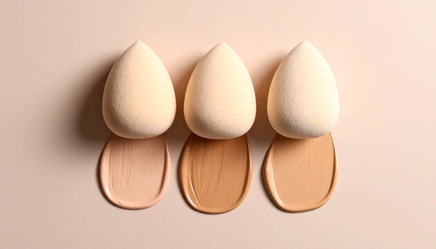 Foundation Blending: Three cosmetic sponges rest atop corresponding swatches of foundation, illustrating the beauty of color matching and the artistry of makeup application. 