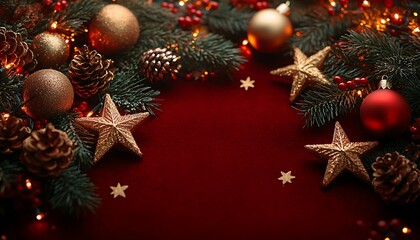 Christmas decorations with pine cones baubles and golden stars on red background image