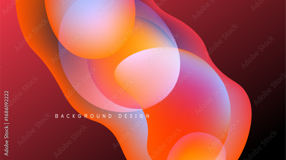 Poster abstract fluid shapes blend, creating vibrant gradients. warm colors dominate against dark backdrop.
