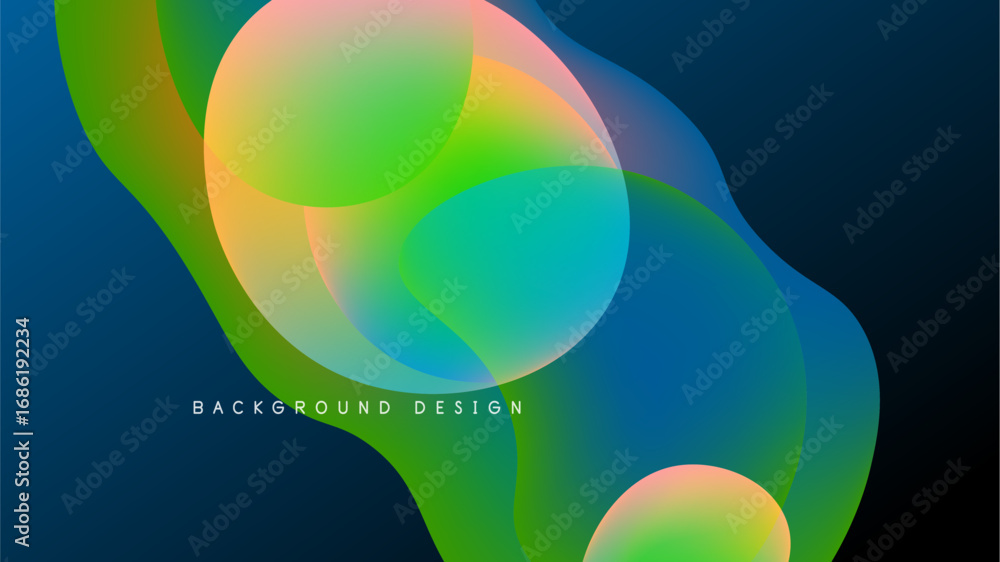 Poster abstract colorful shapes overlap, creating vibrant gradients. dark background emphasizes bright hues