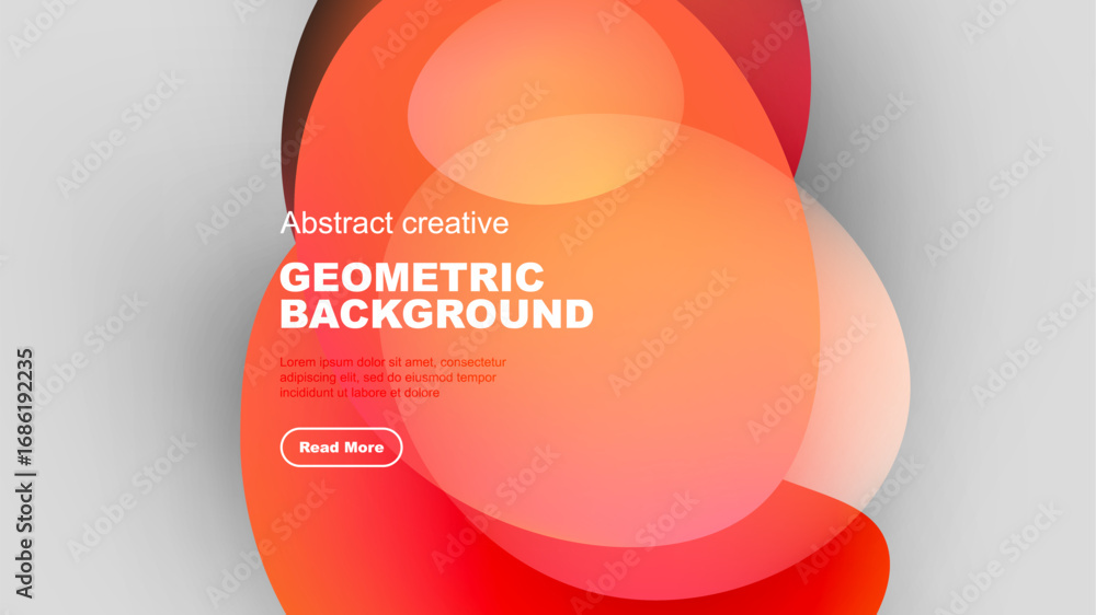 Poster abstract geometric background features overlapping colorful shapes. red, orange, white hues create m