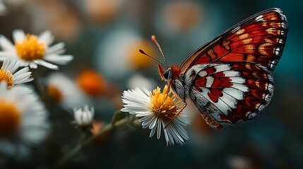 Obraz premium Beautiful butterfly sitting on daisy flower high resolution photo