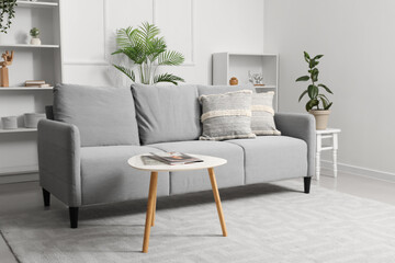 Interior of light living room with sofa, table and shelf units