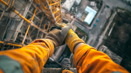 First-person perspective of a brave industrial worker in orange gear clinging to a yellow structure high above the ground
