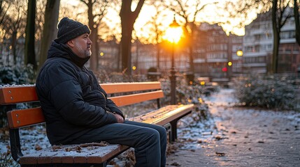 Thoughtful senior man sitting on park bench at sunset during a snowy winter day feeling peaceful