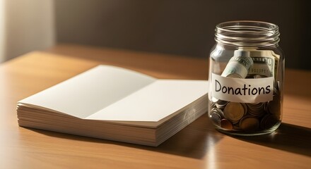 Donation Jar and Notebook on Wooden Table.