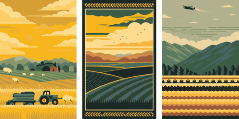 Triptych of stylized rural landscapes featuring farming rolling hills and mountains under dramatic skies © Ramanath