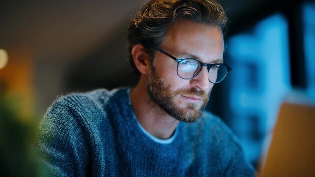 Medium shot of thoughtful individual completing a digital protocol survey on microdose psychedelics on a laptop screen content crisp background softly blurred.