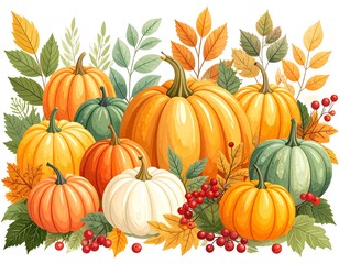 Autumnal harvest of pumpkins and leaves