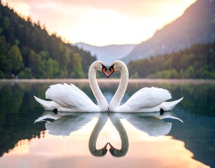 Two swans in love, serene lake sunrise
