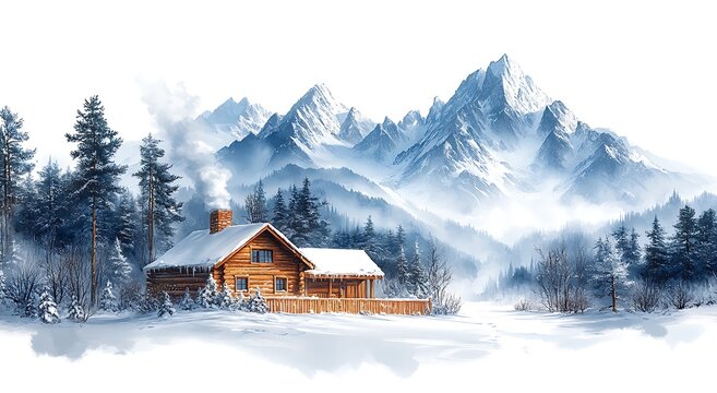 Cozy wooden cabin in a snowy mountain landscape with pine trees winter mountains - Powered by Adobe