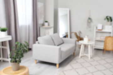 Light stylish living room with grey sofa, coffee table and carpet, blurred view