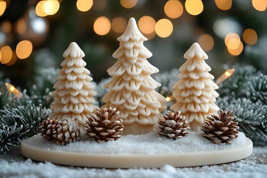 Creamy white Christmas trees and pine cones nestled in artificial snow with bokeh lights