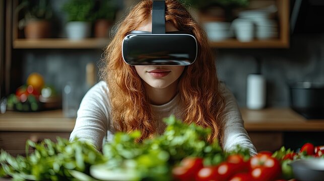 Woman using a VR headset in the kitchen with fresh vegetables in foreground