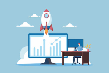Man working at desk with rocket launching from computer screen displaying financial growth chart