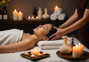 A serene asian woman enjoys a relaxing head massage with glowing candles and soft towels, conveying a peaceful spa experience.