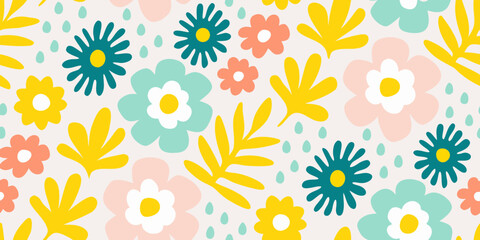 Vibrant and cheerful floral pattern with abstract flowers and leaves in pastel colors