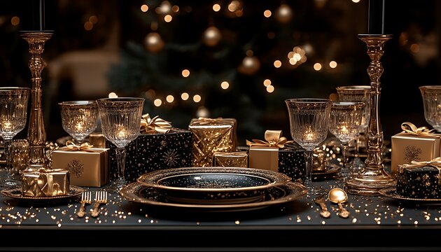 Elegant gold and black table setting with festive bokeh lights image