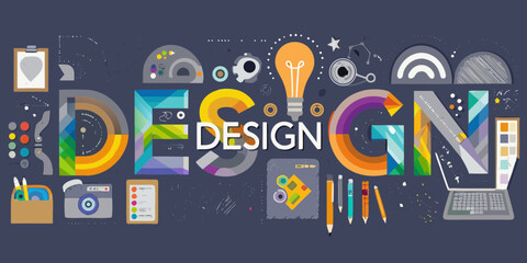 Creative design process with colorful elements and tools illustrating ideas