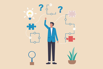 Man interacting with a flowchart of puzzles and question marks representing problem solving and idea generation