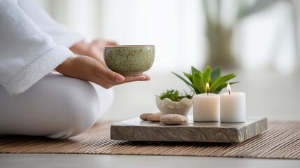 Authentic Thai Wellness Scene with Herbal Tea and Candles in Minimalist Home Interior