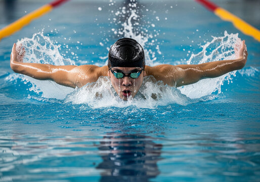 Asian swimmer performs butterfly stroke in pool, water splashing dynamically during competitive race.