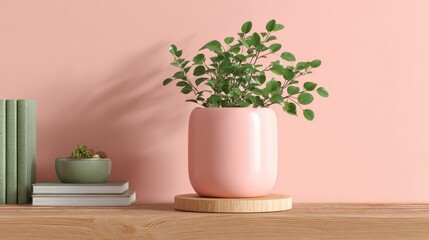 Stylish Indoor Plant in Pink Pot on Wooden Surface with Books