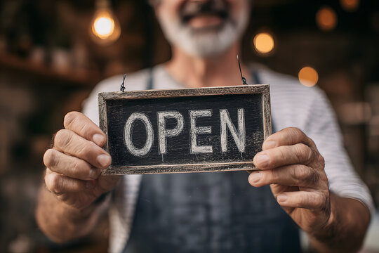 Welcoming customers: senior man proudly displaying an 'Open' sign