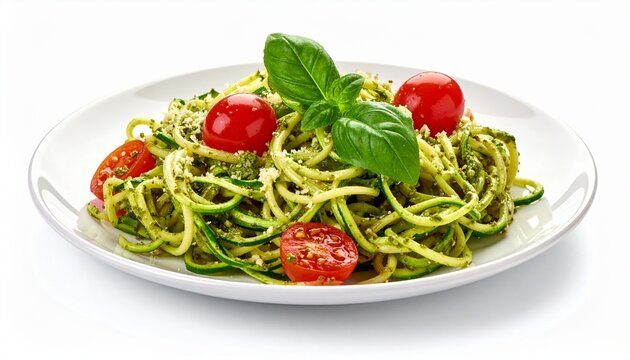 Zucchini noodle pasta with pesto, cherry tomatoes, and fresh basil on a white plate.