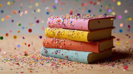 Colorful Books Surrounded by Vibrant Confetti for Celebration
