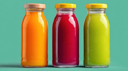 Obraz na płótnie Canvas Vibrant Bottles of Freshly Pressed Fruit and Vegetable Juices