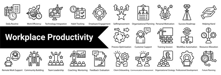 Workplace Productivity  Icon Collection and Set Containing:  Personal Growth  ,Goal Setting  ,Time Management  ,Work-Life Balance  ,Task Checklist  ,Focus Mode  ,Mental Wellbeing  