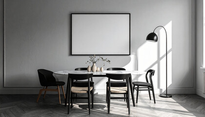Mockup poster frame Elegant Interior: An inviting dining room is bathed in soft light, featuring a stylish table with chairs and a picture frame, perfect for showcasing artwork.